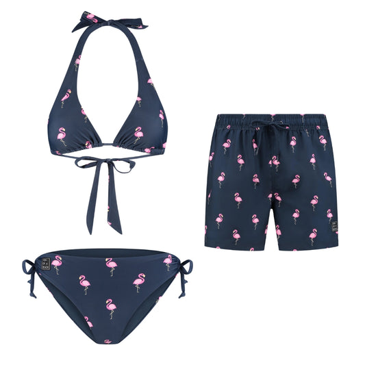 Flamingo, Blau, Mutter und Sohn Bikini/Badehose