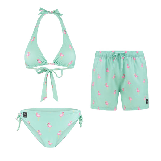 Flamingo, Grün, Mutter und Sohn Bikini/Badehose