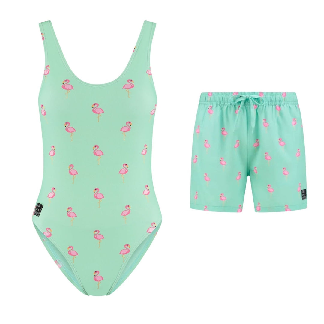 Flamingo, Grün, Badeanzug/Badehose für Mutter und Sohn