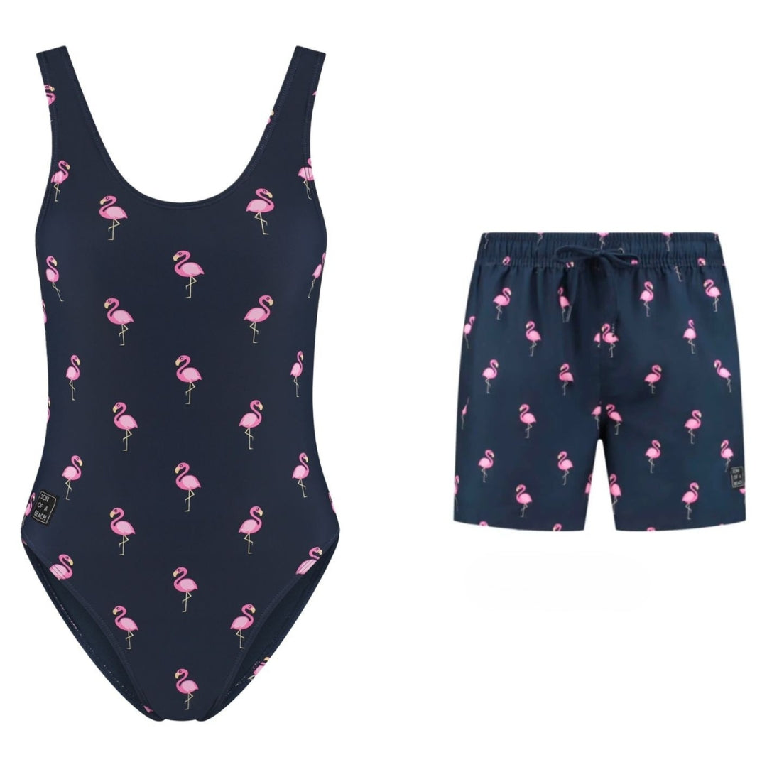 Flamingo, Blau, Badeanzug/Badehose für Mutter und Sohn