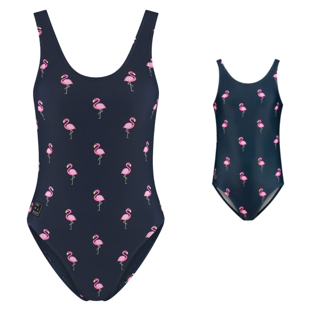 Flamingo, Blau, Mutter und Tochter Badeanzug