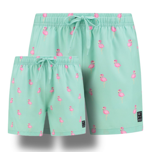 Flamingo, Grün, Vater und Sohn Badehose