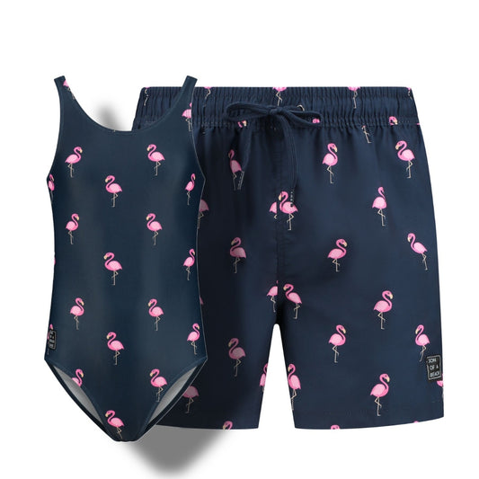 Flamingo, Blau, Bademode für Vater und Tochter